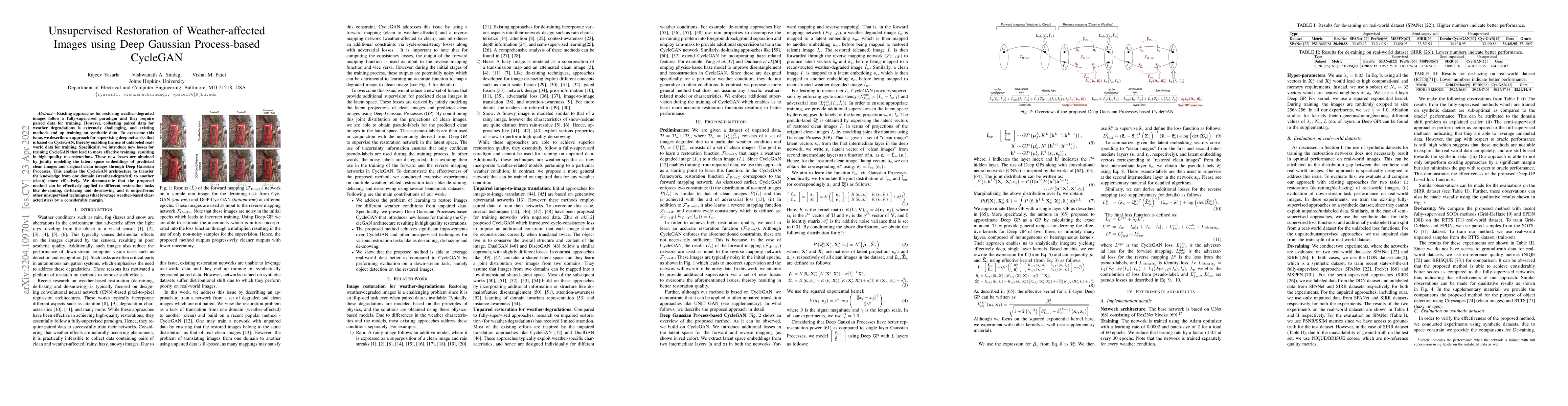 Thumbnail for Unsupervised Restoration of Weather-affected Images using Deep Gaussian
  Process-based CycleGAN