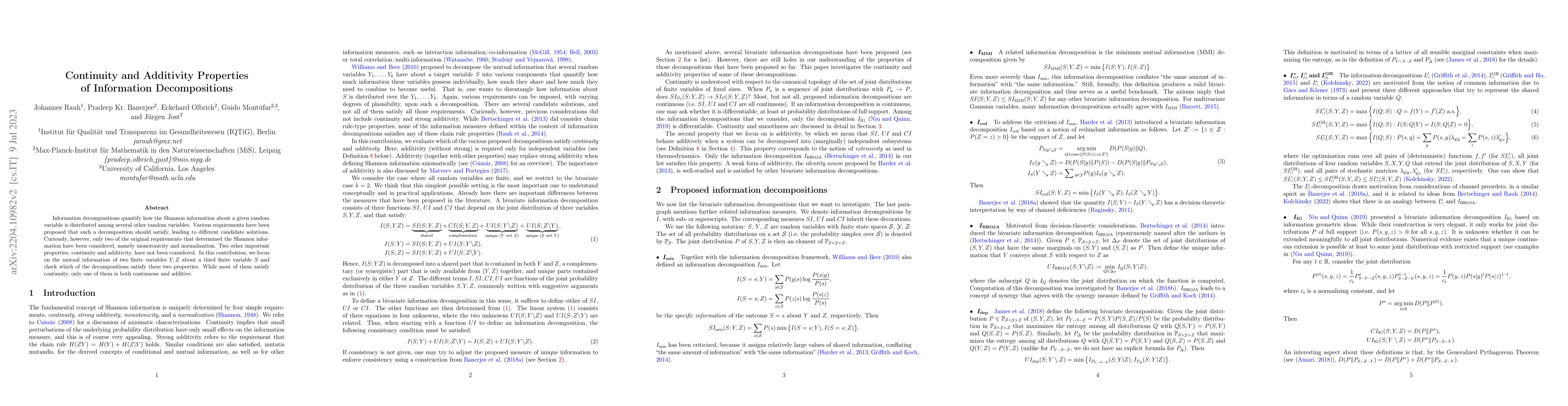 Thumbnail for Continuity and Additivity Properties of Information Decompositions