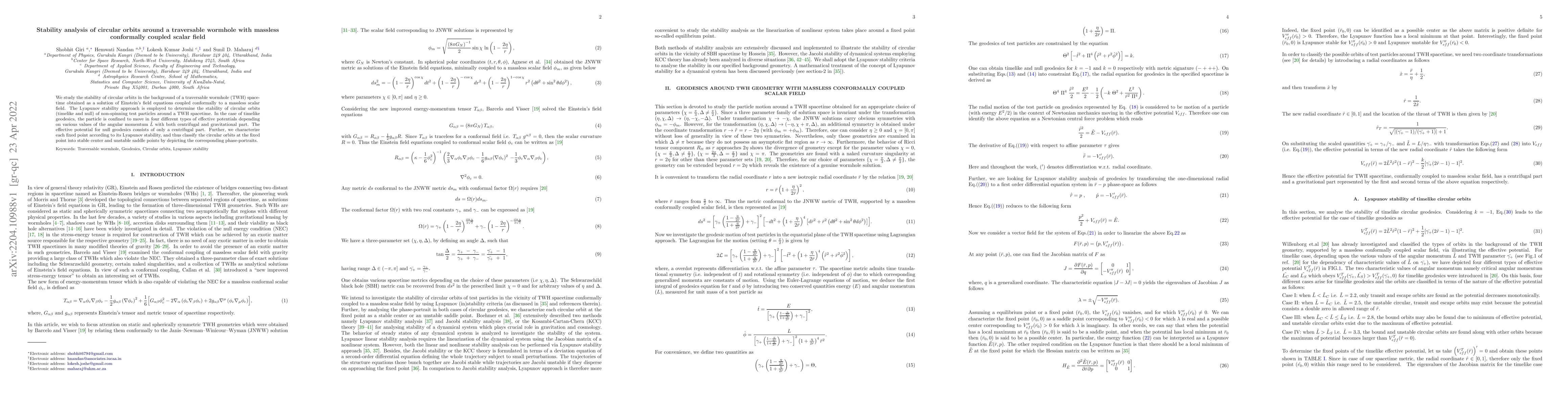 Thumbnail for Stability analysis of circular orbits around a traversable wormhole with
  massless conformally coupled scalar field