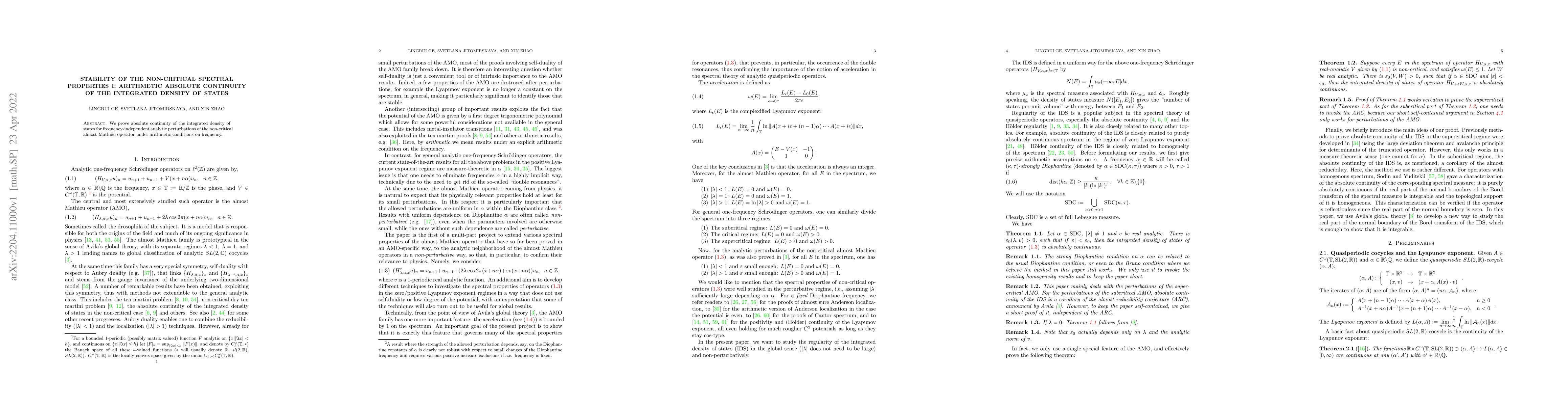 Thumbnail for Stability of the non-critical spectral properties I: arithmetic absolute
  continuity of the integrated density of states