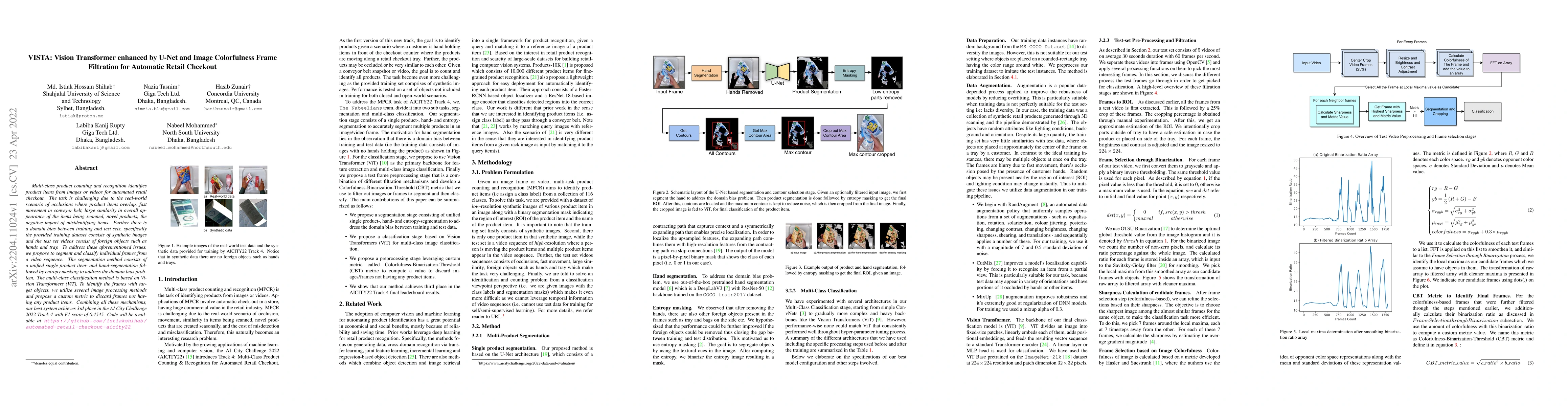Thumbnail for VISTA: Vision Transformer enhanced by U-Net and Image Colorfulness Frame
  Filtration for Automatic Retail Checkout