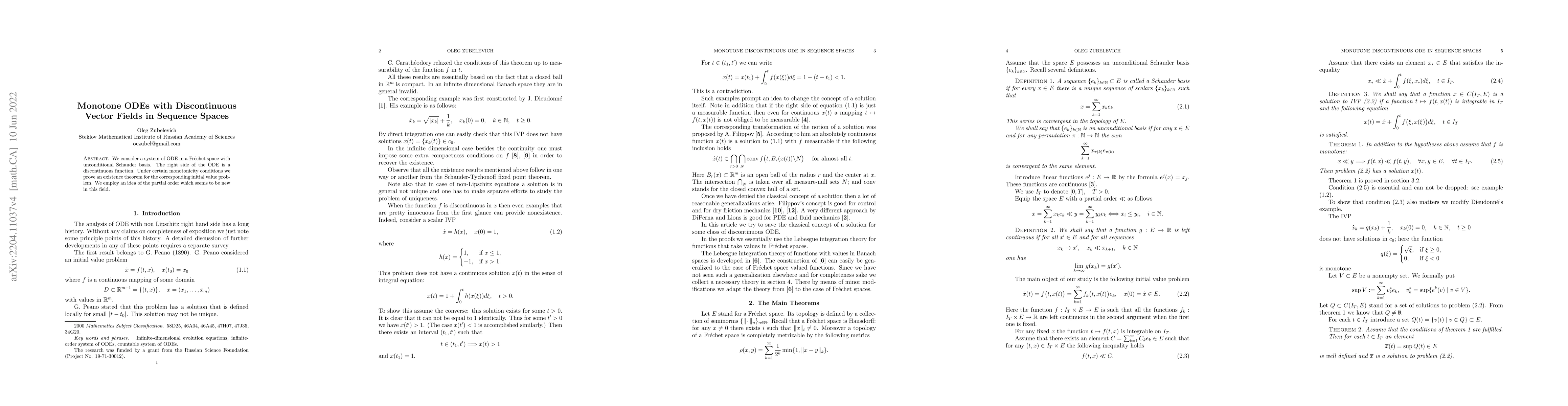 Thumbnail for Monotone ODEs with Discontinuous Vector Fields in Sequence Spaces