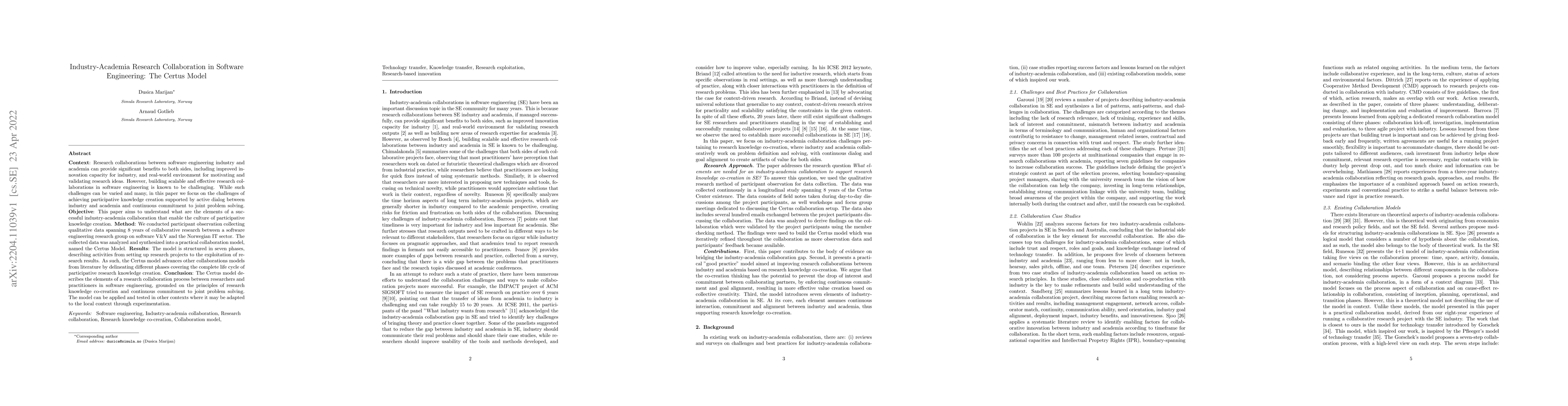 Thumbnail for Industry-Academia Research Collaboration in Software Engineering: The
  Certus Model