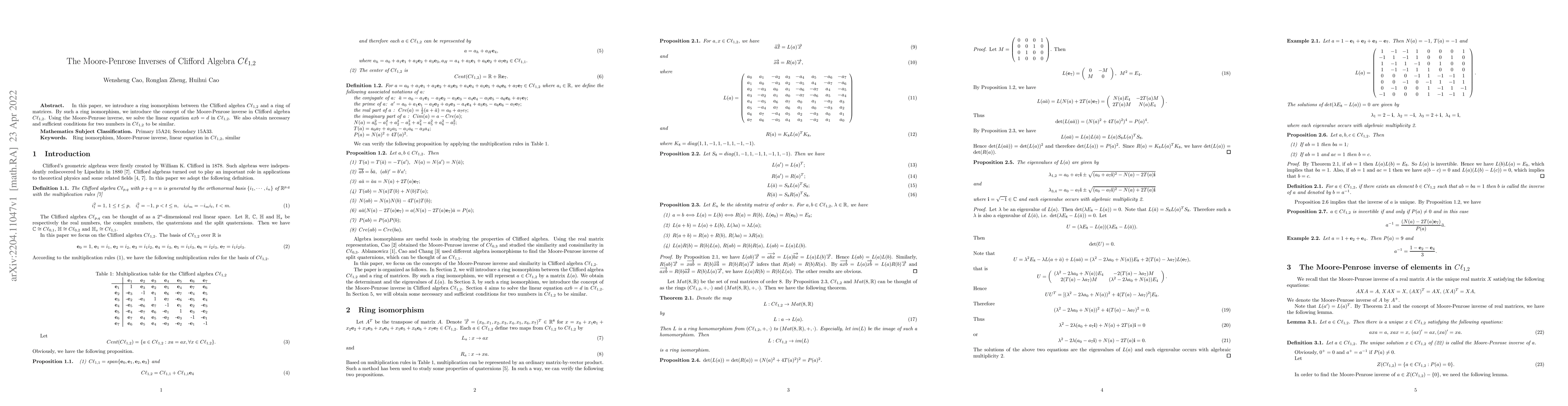 Thumbnail for The Moore-Penrose Inverses of Clifford Algebra $C\ell_{1,2}$