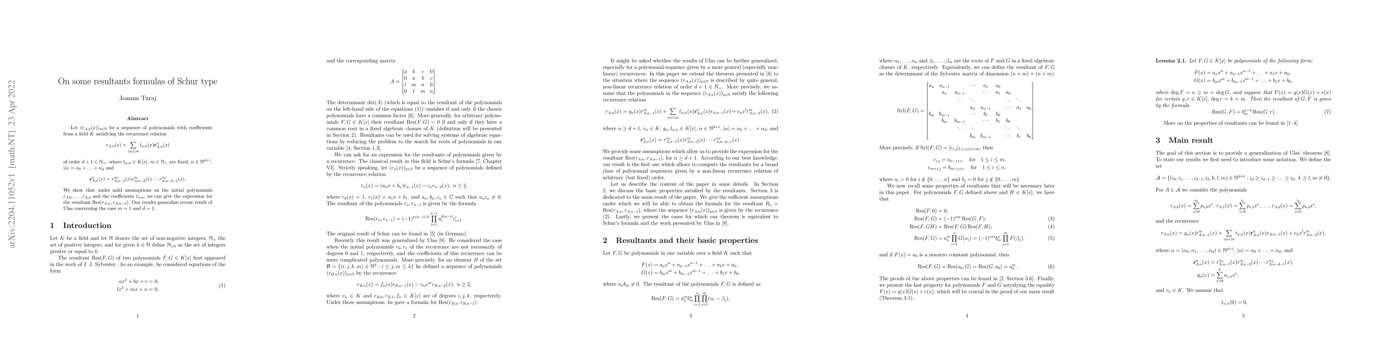 Thumbnail for On some resultants formulas of Schur type