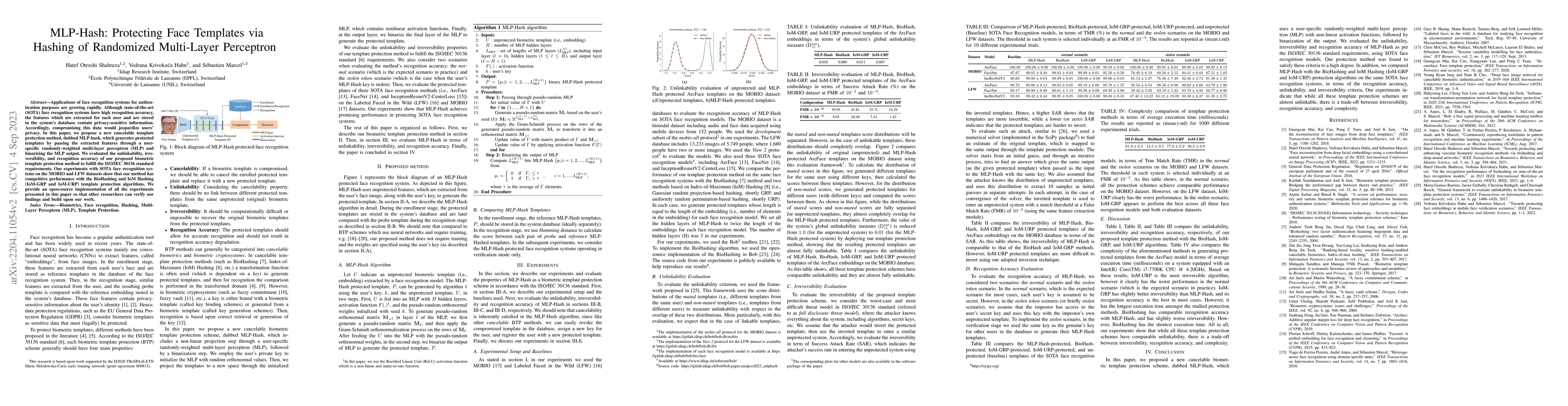 Thumbnail for MLP-Hash: Protecting Face Templates via Hashing of Randomized
  Multi-Layer Perceptron