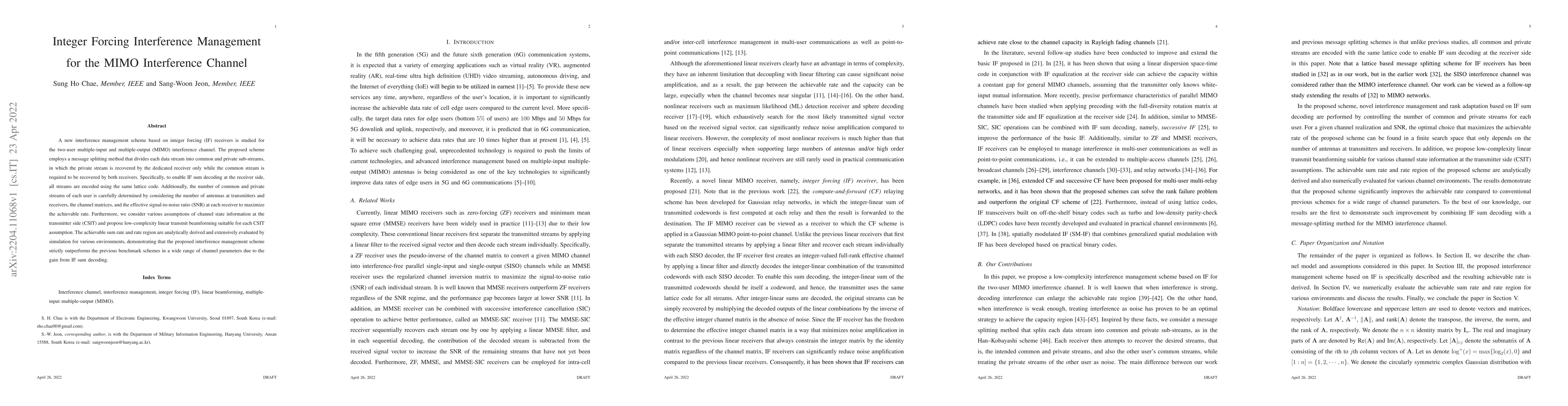 Thumbnail for Integer Forcing Interference Management for the MIMO Interference
  Channel