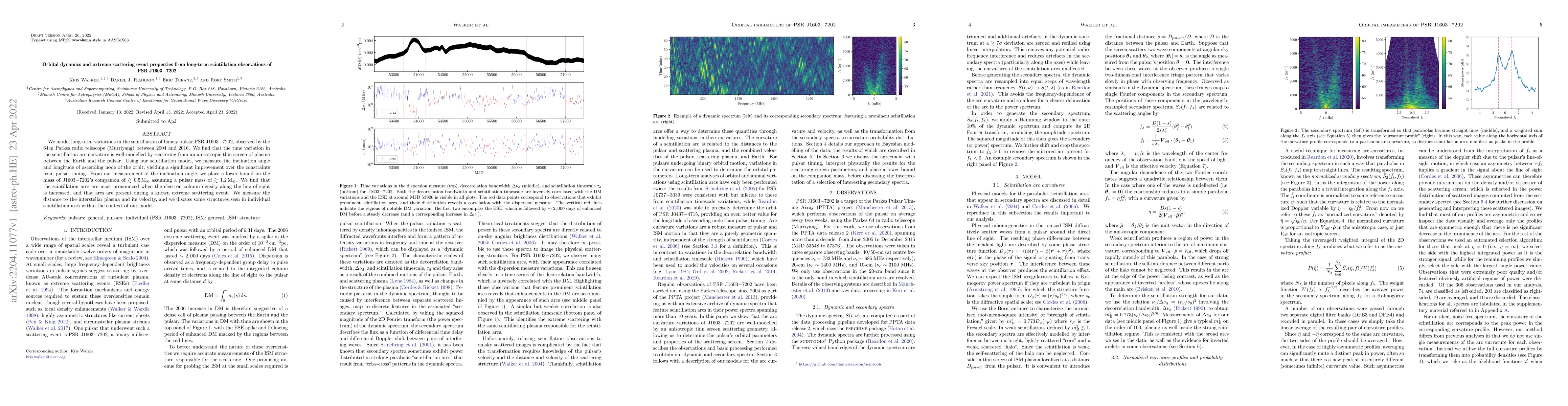 Thumbnail for Orbital dynamics and extreme scattering event properties from long-term
  scintillation observations of PSR J1603-7202