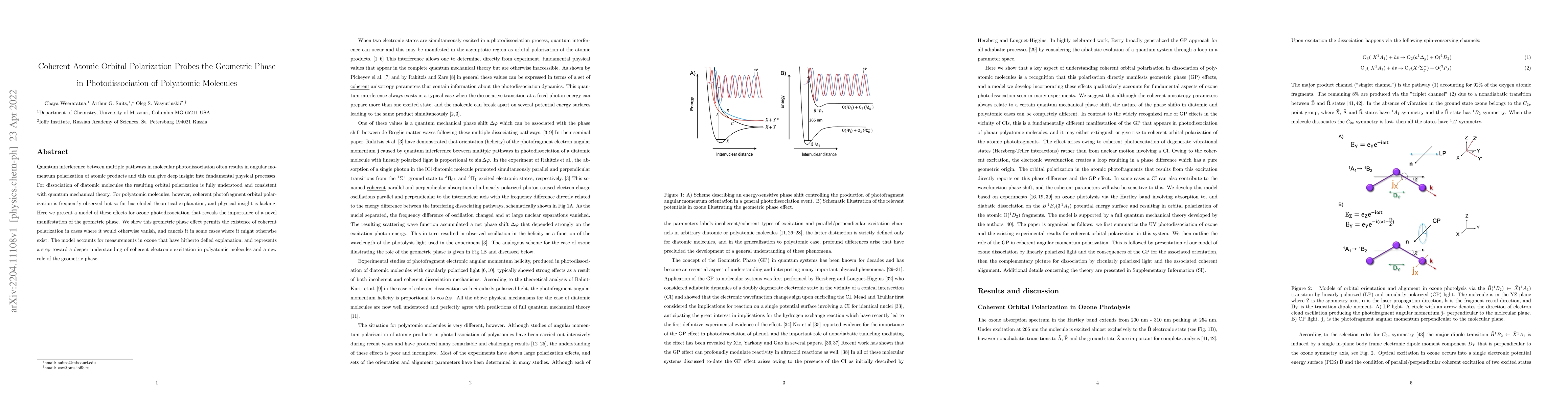 Thumbnail for Coherent Atomic Orbital Polarization Probes the Geometric Phase in
  Photodissociation of Polyatomic Molecules