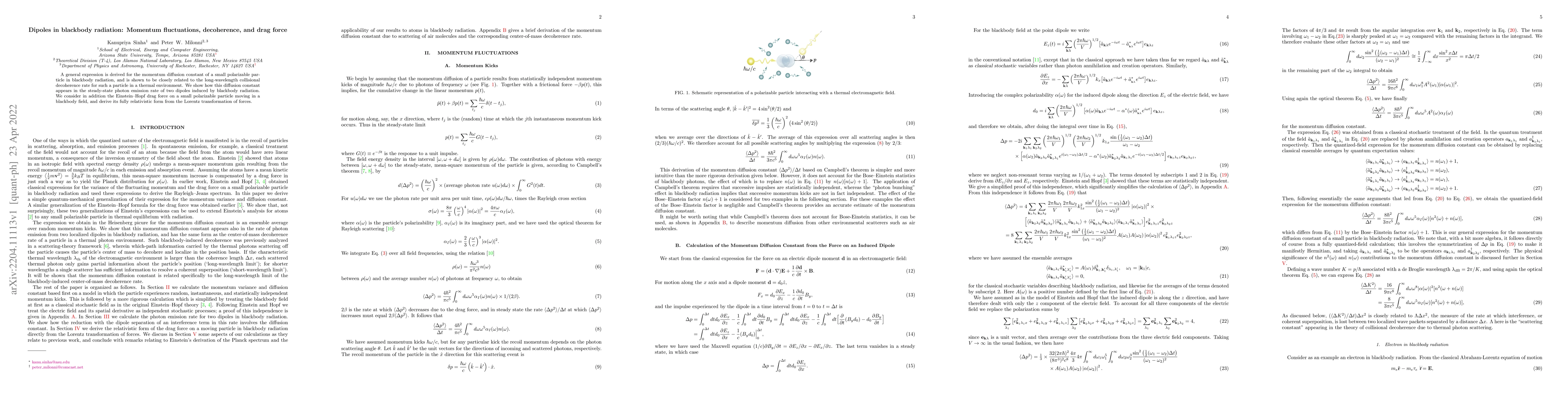 Thumbnail for Dipoles in blackbody radiation: Momentum fluctuations, decoherence, and
  drag force