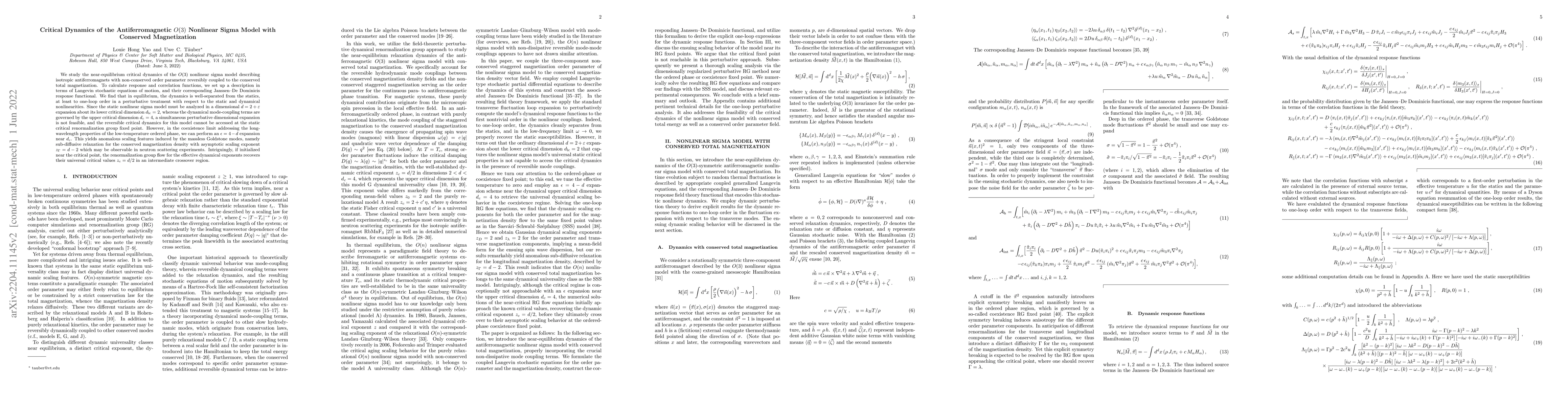 Thumbnail for Critical Dynamics of the Antiferromagnetic $O(3)$ Nonlinear Sigma Model
  with Conserved Magnetization
