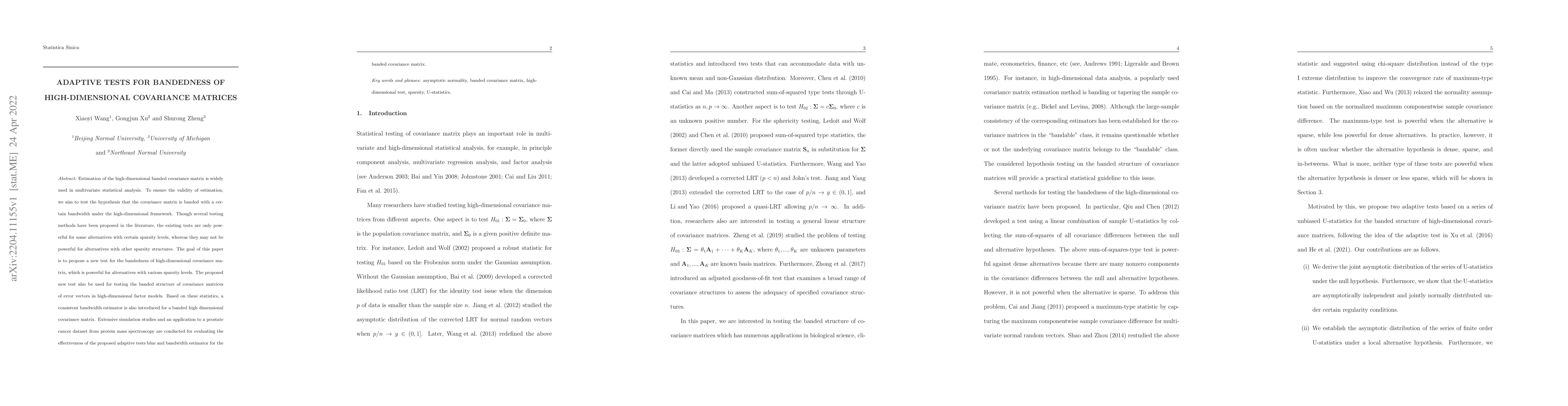 Thumbnail for Adaptive Tests for Bandedness of High-dimensional Covariance Matrices