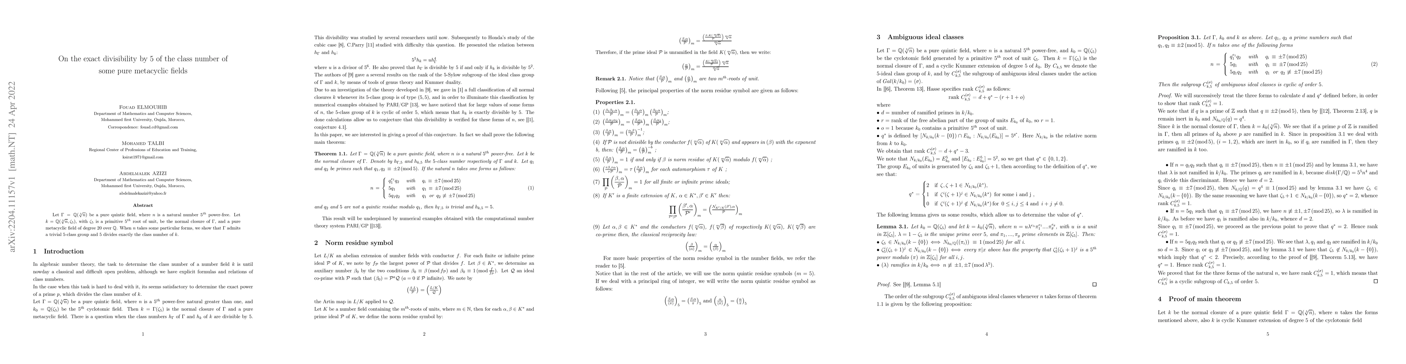 Thumbnail for On the exact divisibility by $5$ of the class number of some pure
  metacyclic fields