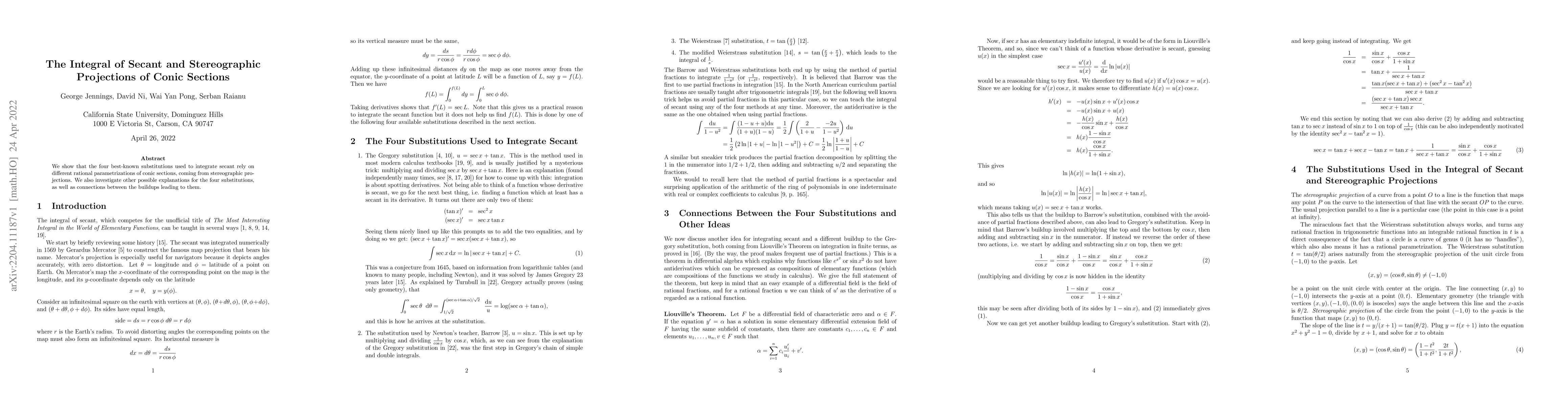 Thumbnail for The Integral of Secant and Stereographic Projections of Conic Sections
