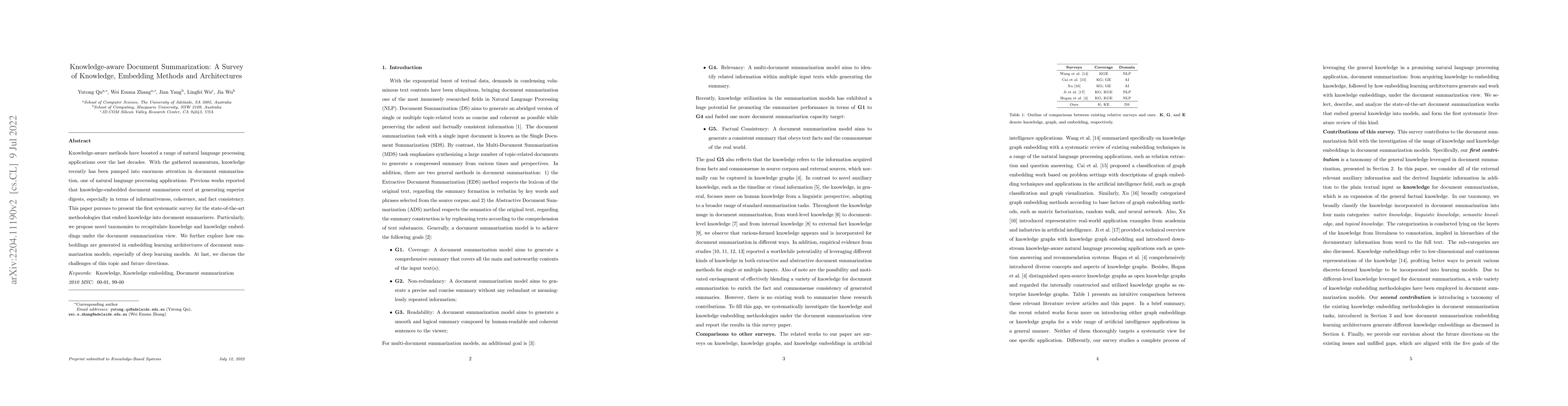 Thumbnail for Knowledge-aware Document Summarization: A Survey of Knowledge, Embedding
  Methods and Architectures