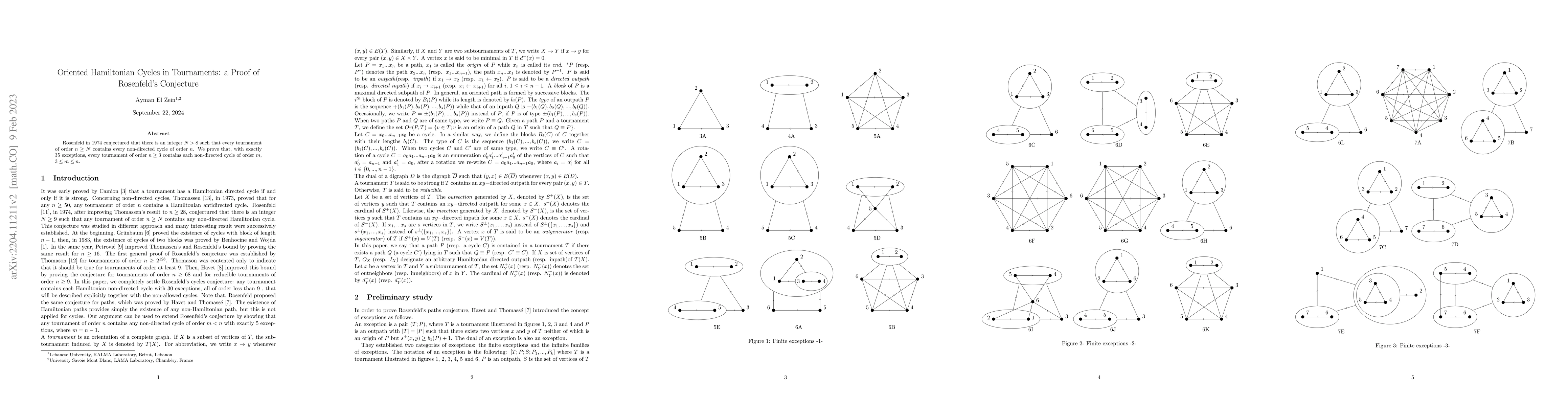 Thumbnail for Oriented Hamiltonian Cycles in Tournaments: a Proof of Rosenfeld's
  Conjecture