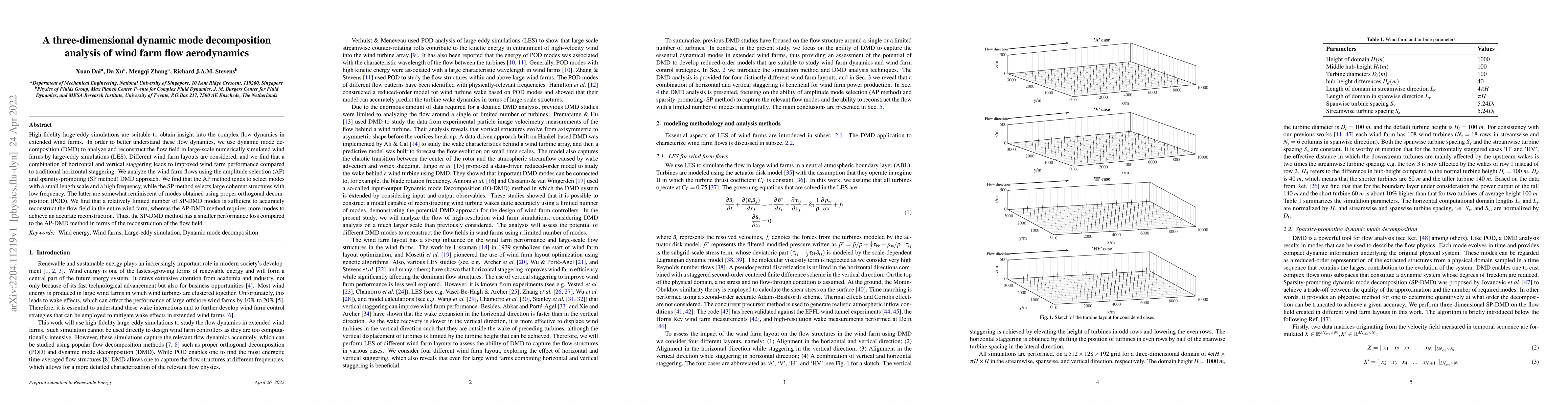 Thumbnail for A three-dimensional dynamic mode decomposition analysis of wind farm
  flow aerodynamics