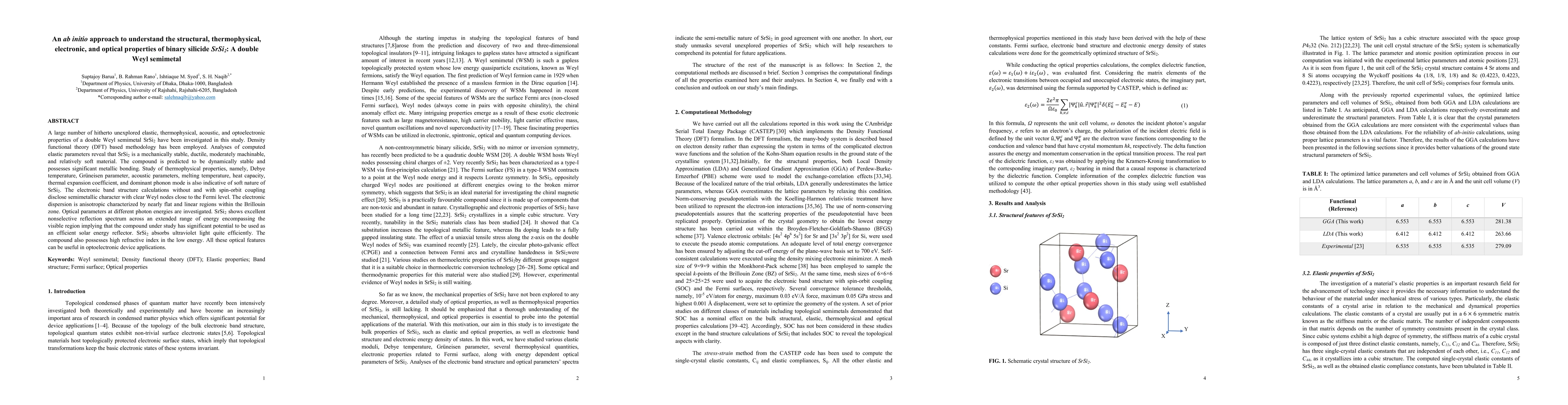 Thumbnail for An ab initio approach to understand the structural, thermophysical,
  electronic, and optical properties of binary silicide SrSi2: A double Weyl
  semimetal