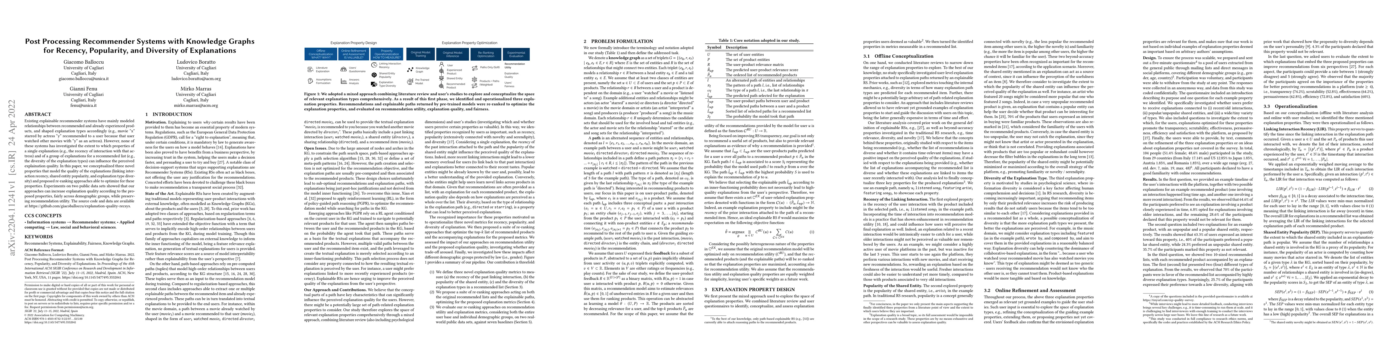 Thumbnail for Post Processing Recommender Systems with Knowledge Graphs for Recency,
  Popularity, and Diversity of Explanations
