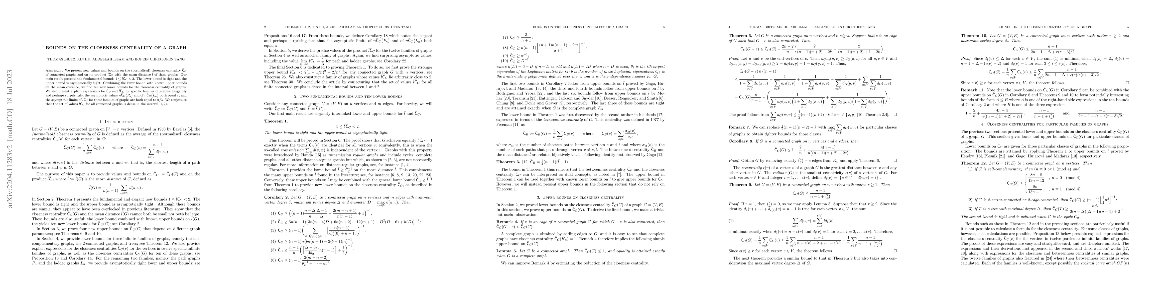 Thumbnail for Bounds on the closeness centrality of a graph