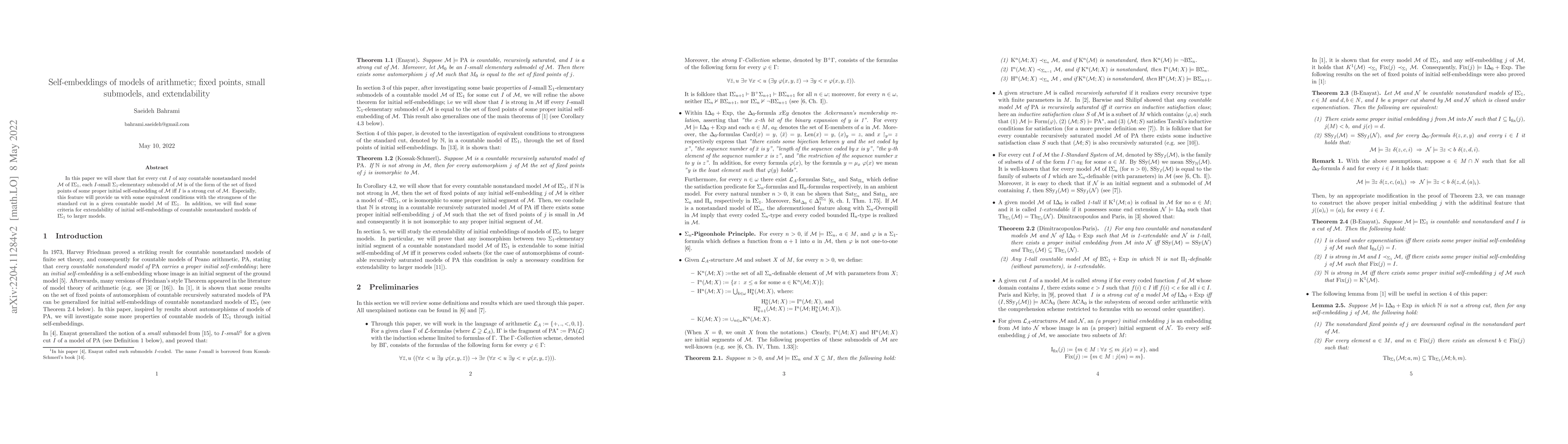 Thumbnail for Self-embeddings of models of arithmetic; fixed points, small submodels,
  and extendability