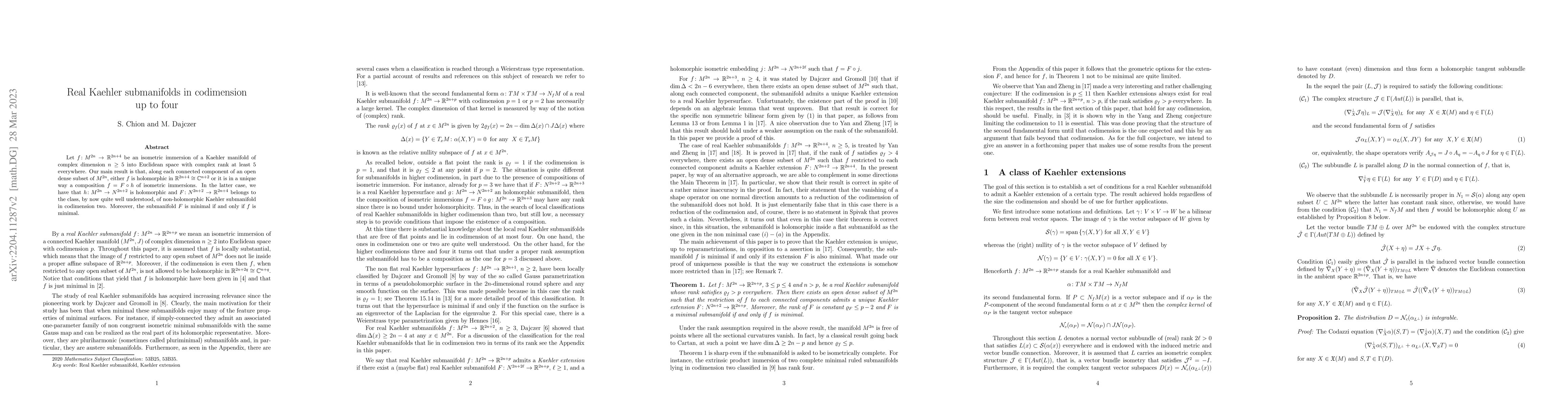 Thumbnail for Real Kaehler submanifolds in codimension up to four
