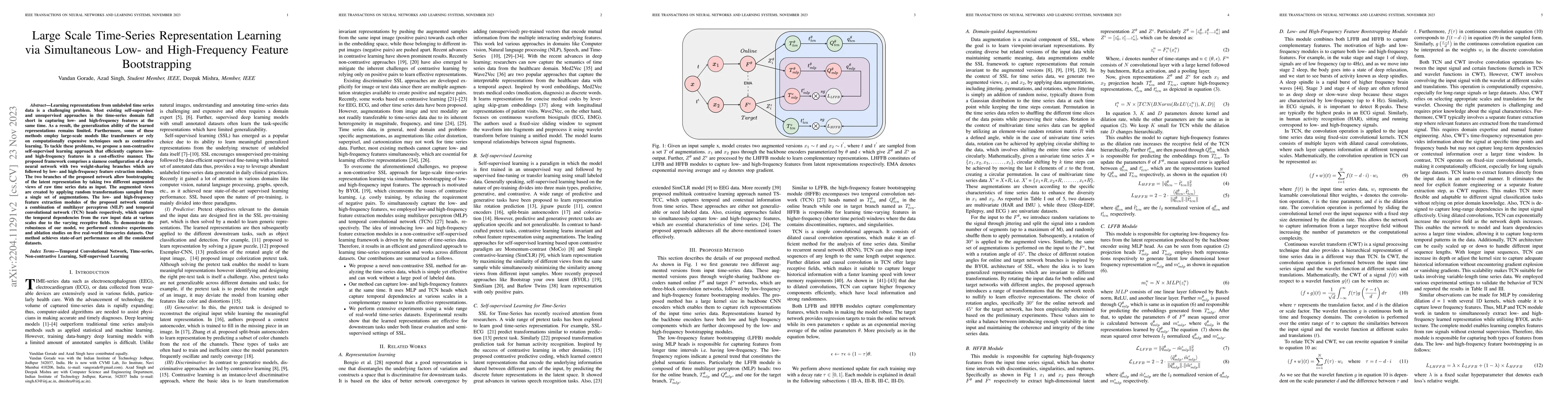 Thumbnail for Large Scale Time-Series Representation Learning via Simultaneous Low and
  High Frequency Feature Bootstrapping