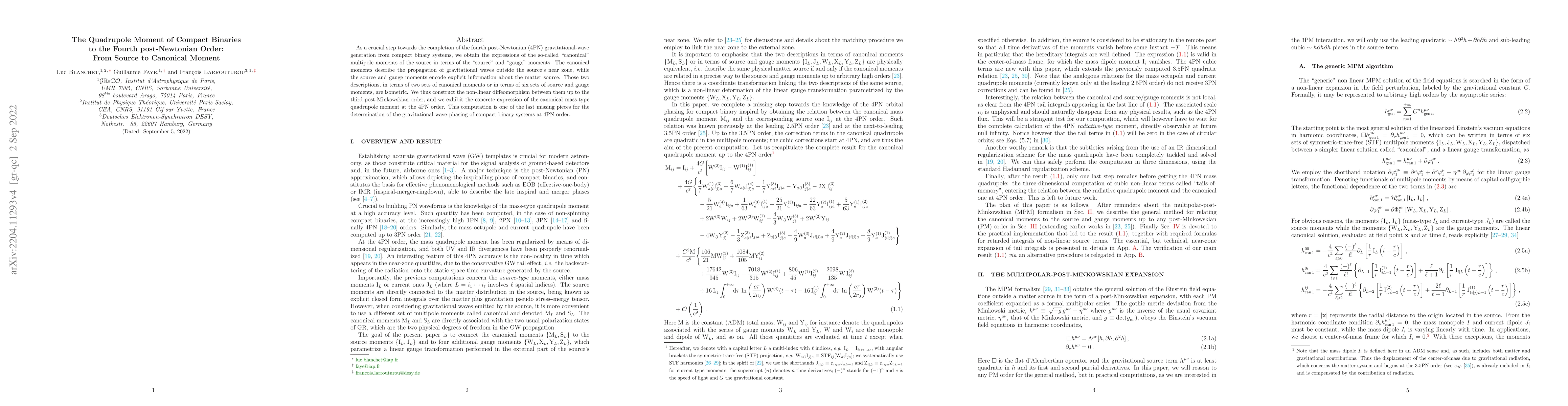 Thumbnail for The Quadrupole Moment of Compact Binaries to the Fourth post-Newtonian
  Order: From Source to Canonical Moment