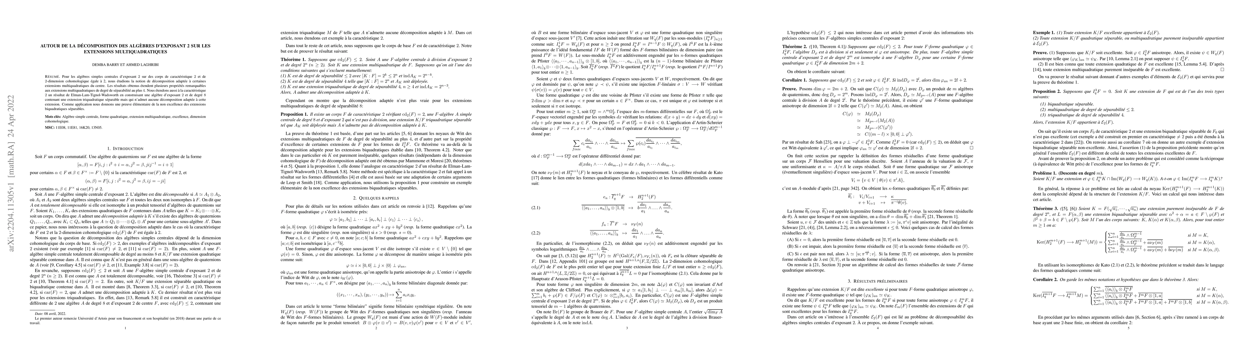 Thumbnail for Autour de la d\'ecomposition des alg\`ebres d'exposant 2 sur les
  extensions multiquadratiques