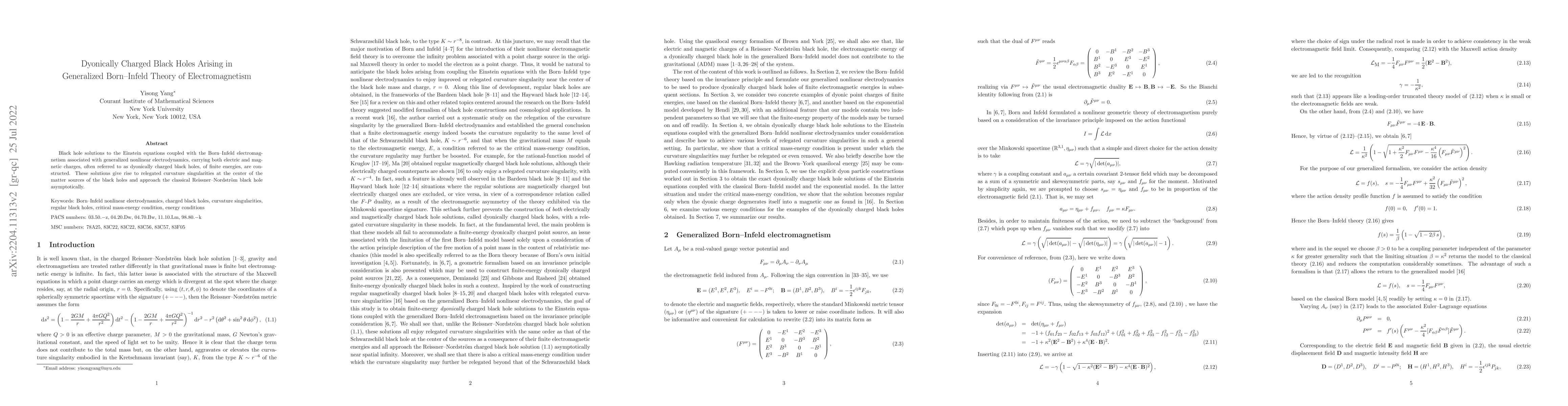Thumbnail for Dyonically Charged Black Holes Arising in Generalized Born--Infeld
  Theory of Electromagnetism