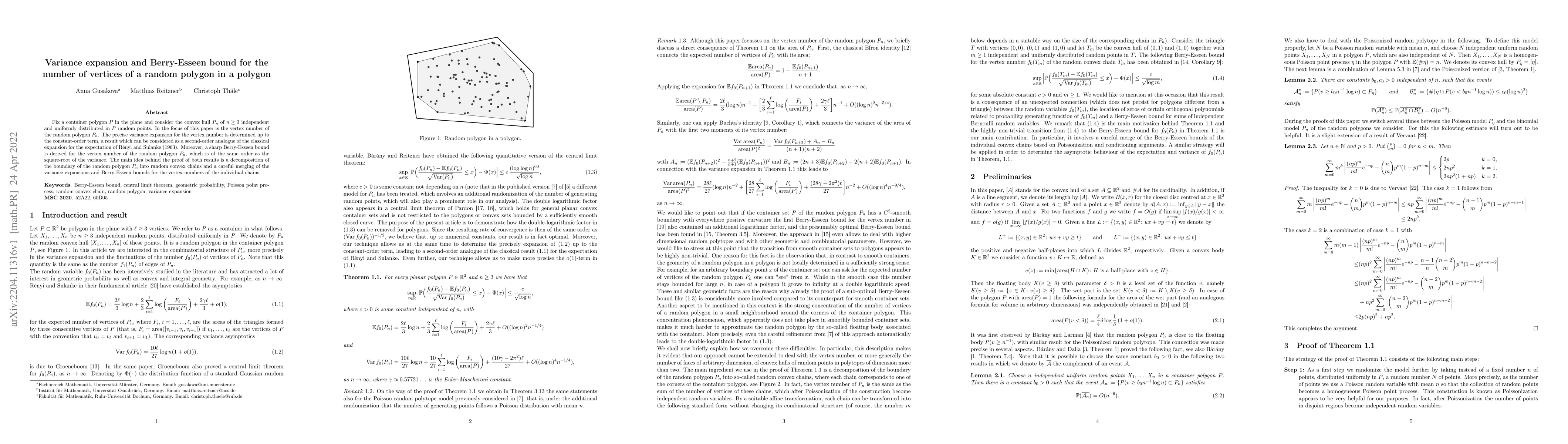 Thumbnail for Variance expansion and Berry-Esseen bound for the number of vertices of
  a random polygon in a polygon