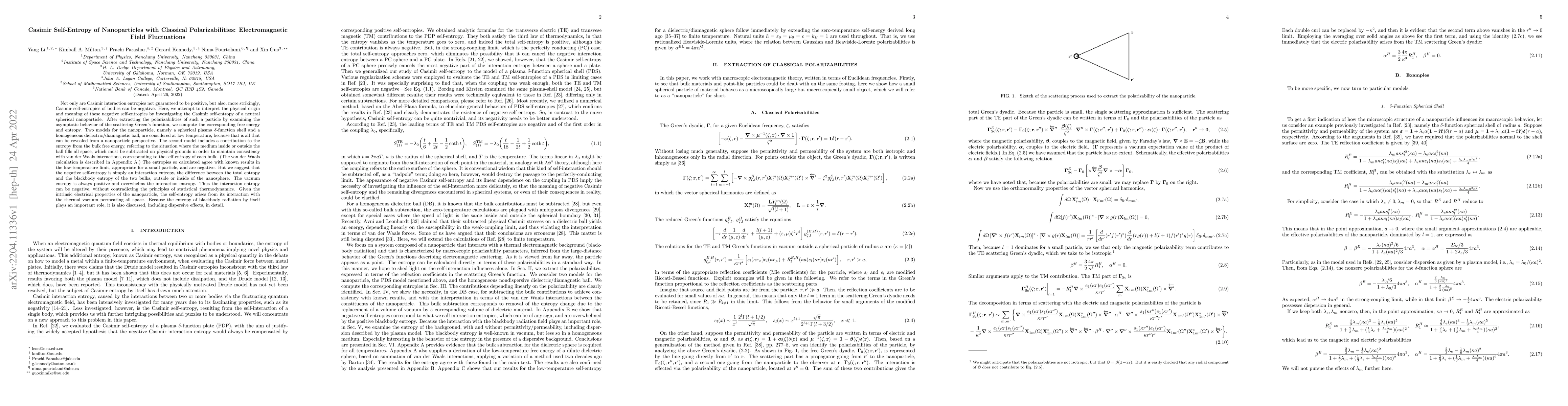 Thumbnail for Casimir Self-Entropy of Nanoparticles with Classical Polarizabilities:
  Electromagnetic Field Fluctuations