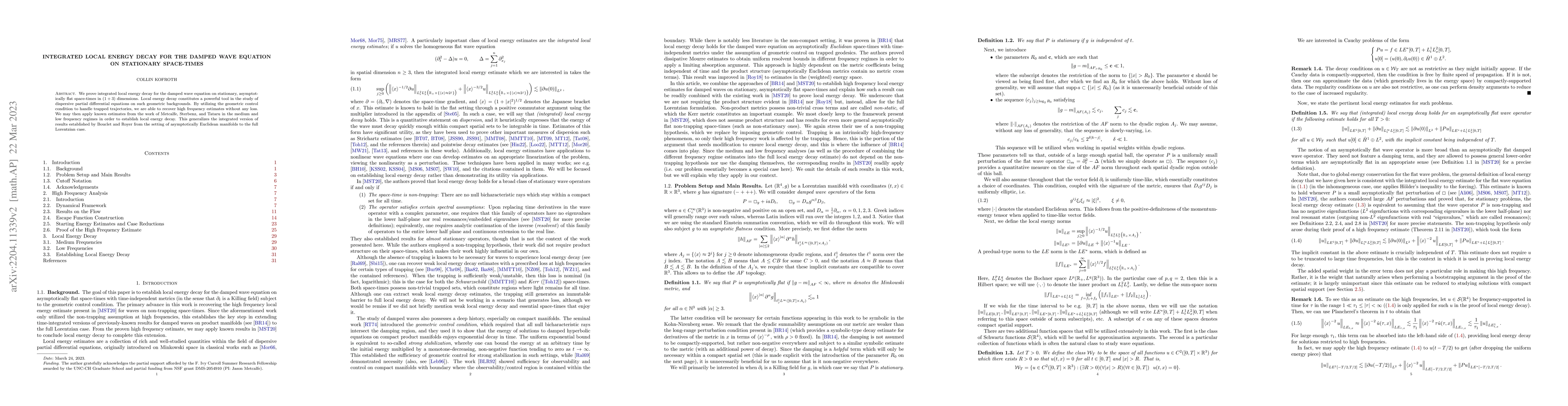 Thumbnail for Integrated Local Energy Decay for the Damped Wave Equation on Stationary
  Space-Times