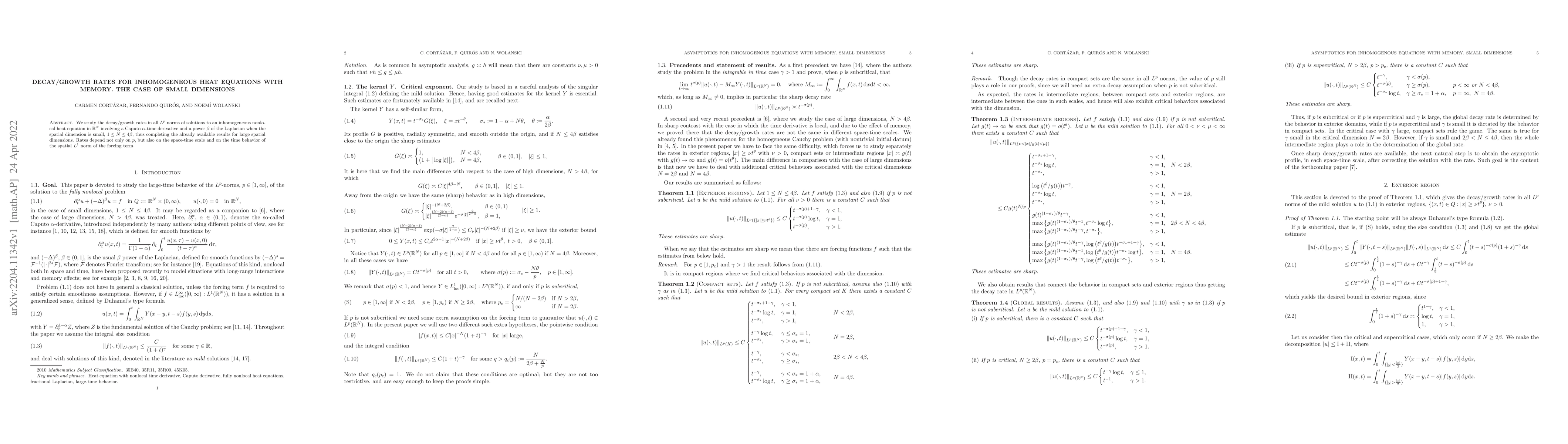 Thumbnail for Decay/growth rates for inhomogeneous heat equations with memory. The
  case of small dimensions