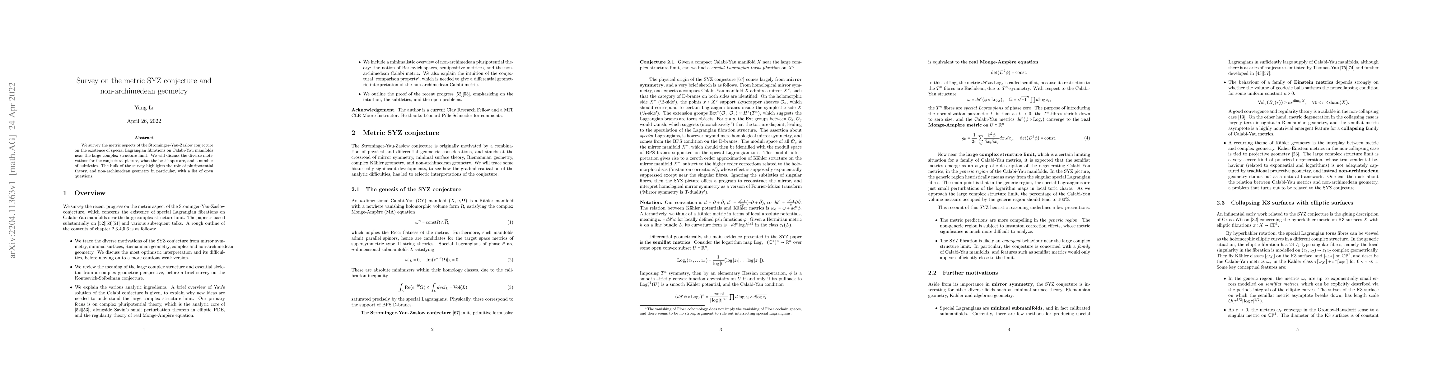 Thumbnail for Survey on the metric SYZ conjecture and non-archimedean geometry