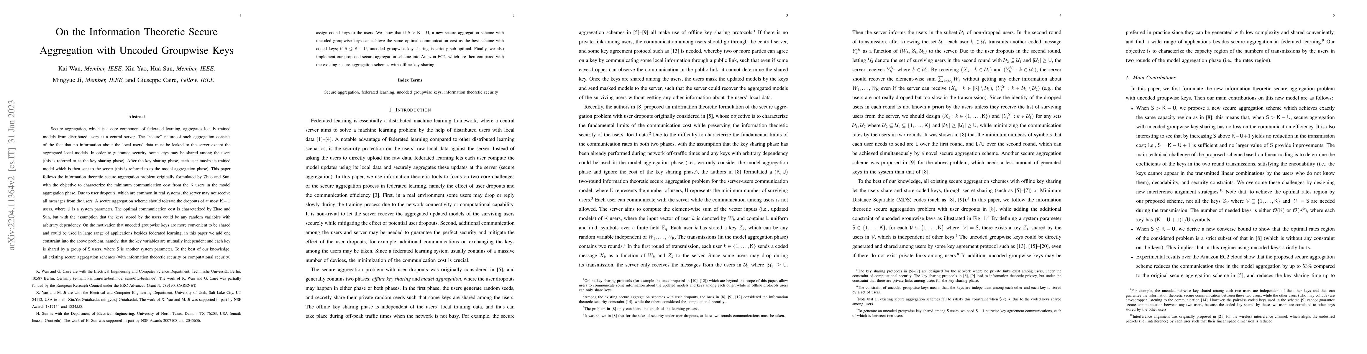 Thumbnail for On the Information Theoretic Secure Aggregation with Uncoded Groupwise
  Keys