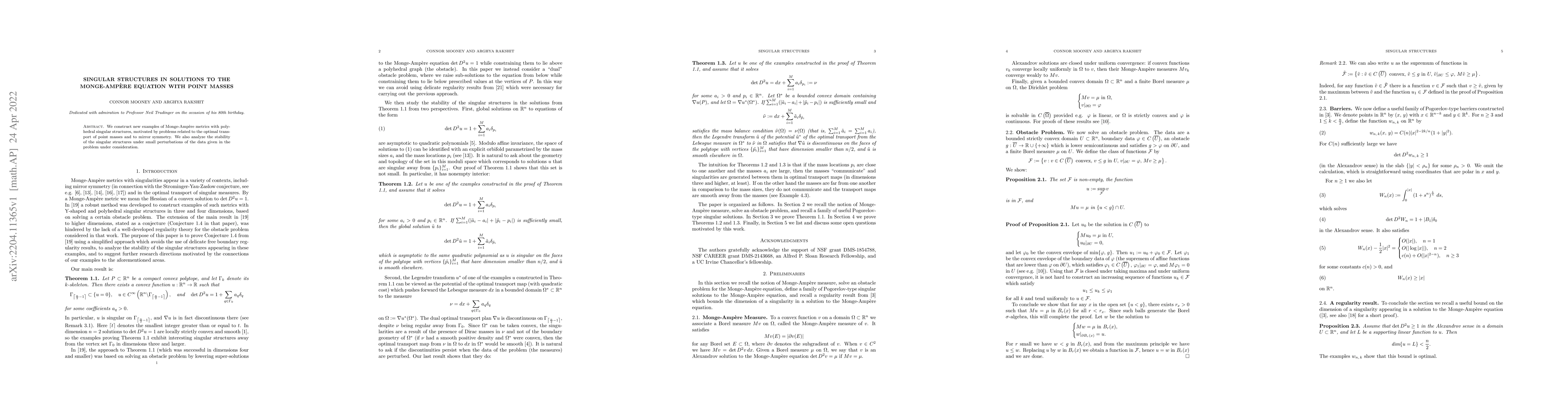 Thumbnail for Singular structures in solutions to the Monge-Amp\`{e}re equation with
  point masses