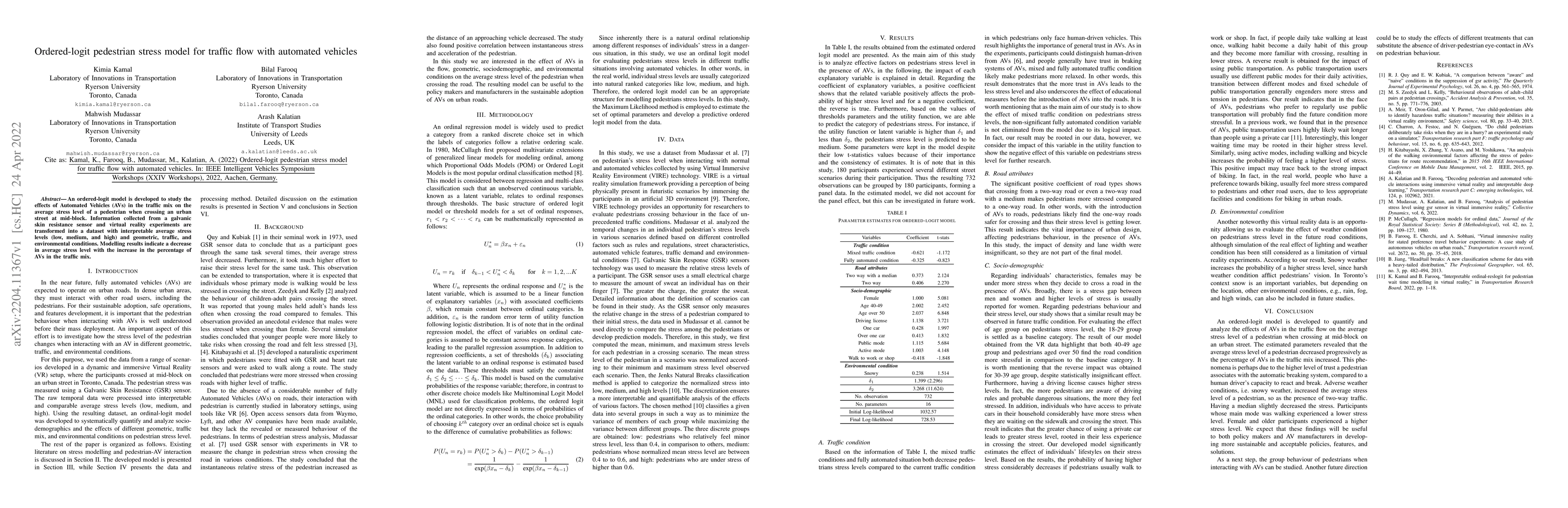 Thumbnail for Ordered-logit pedestrian stress model for traffic flow with automated
  vehicles