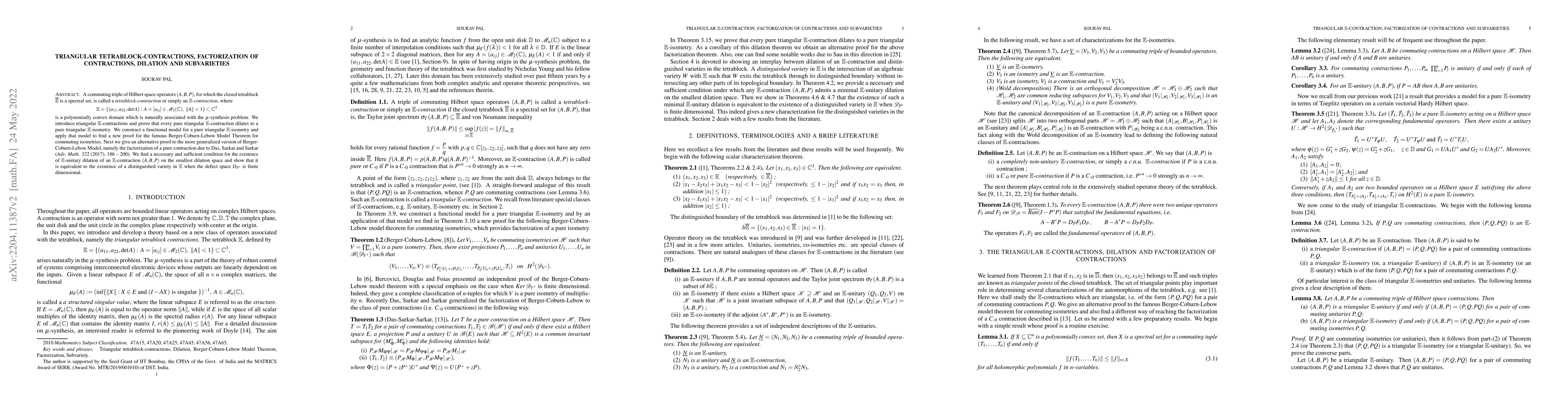 Thumbnail for Triangular Tetrablock-contractions, factorization of contractions,
  dilation and subvarieties