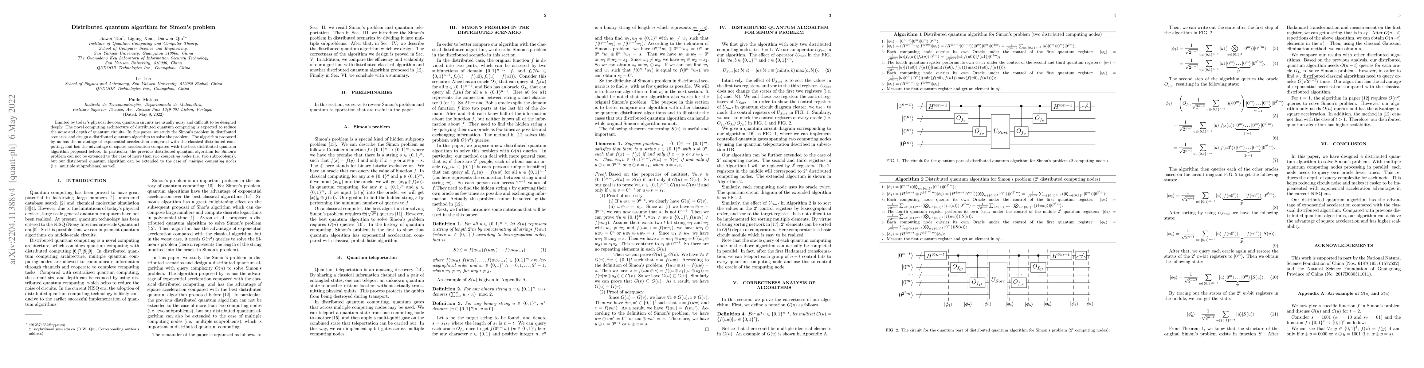 Thumbnail for Distributed quantum algorithm for Simon's problem