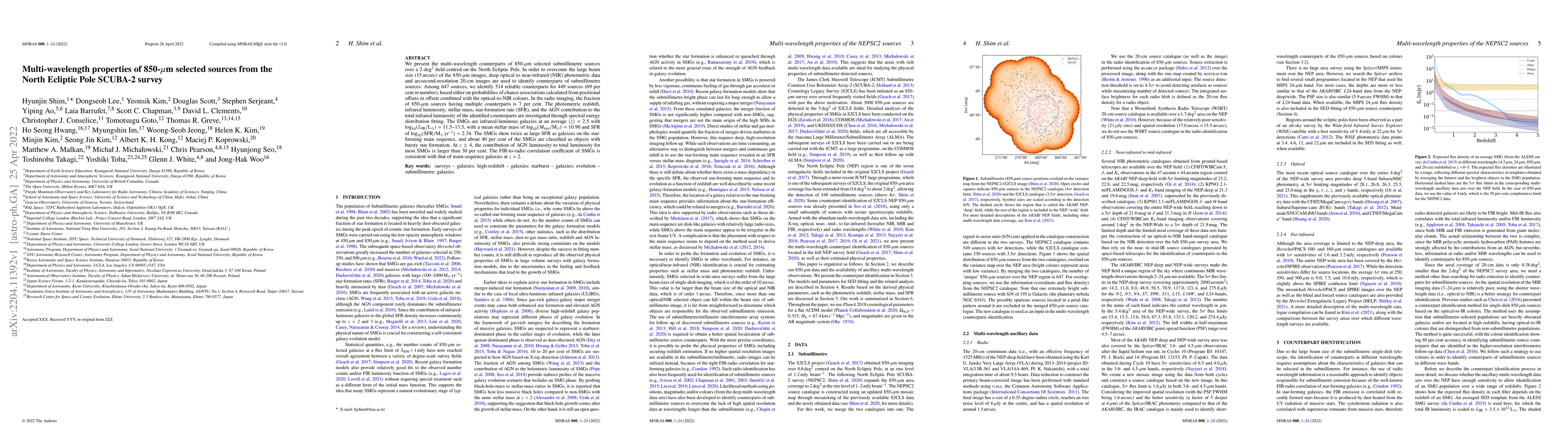 Thumbnail for Multi-wavelength properties of 850-$\mu$m selected sources from the
  North Ecliptic Pole SCUBA-2 survey