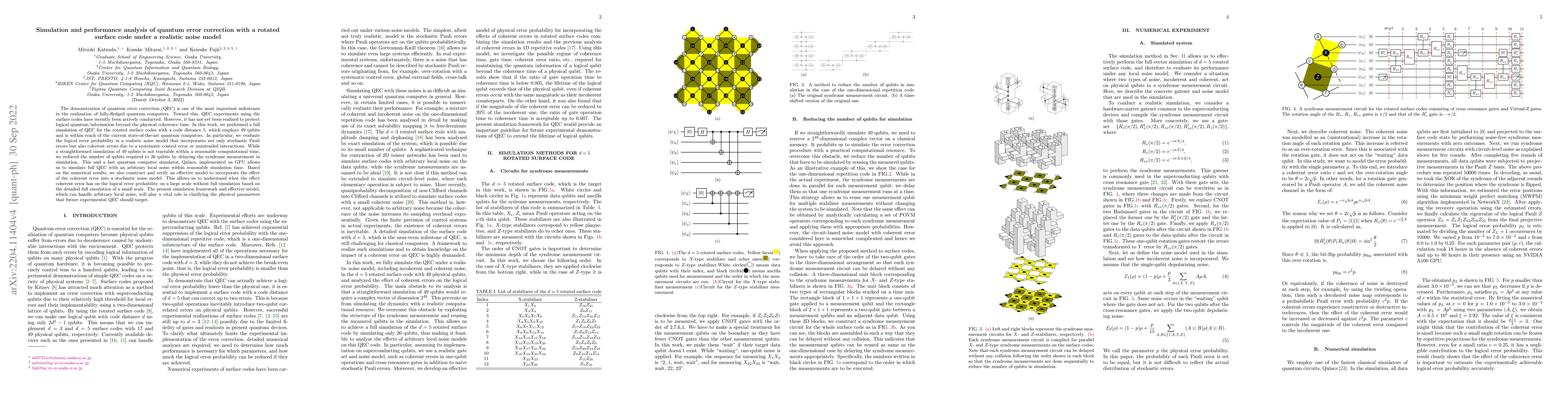 Thumbnail for Simulation and performance analysis of quantum error correction with a
  rotated surface code under a realistic noise model