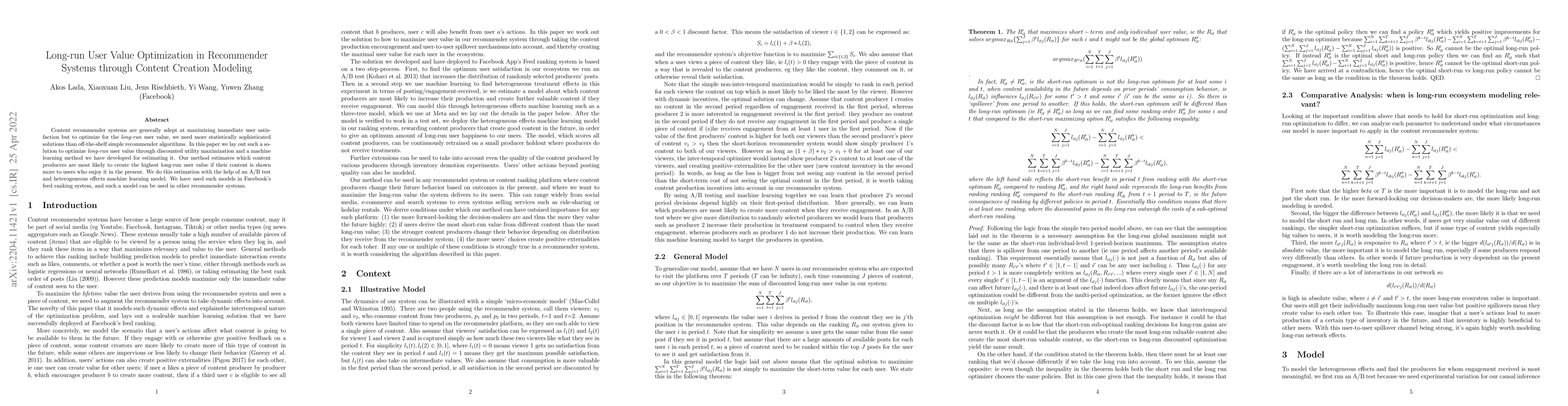 Thumbnail for Long-run User Value Optimization in Recommender Systems through Content
  Creation Modeling