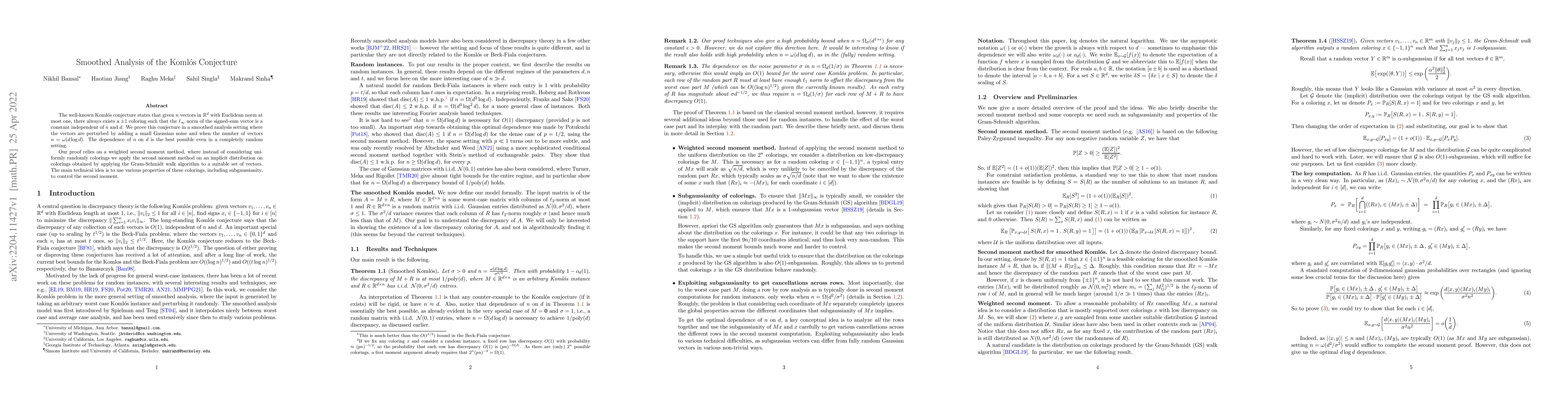 Thumbnail for Smoothed Analysis of the Koml\'os Conjecture