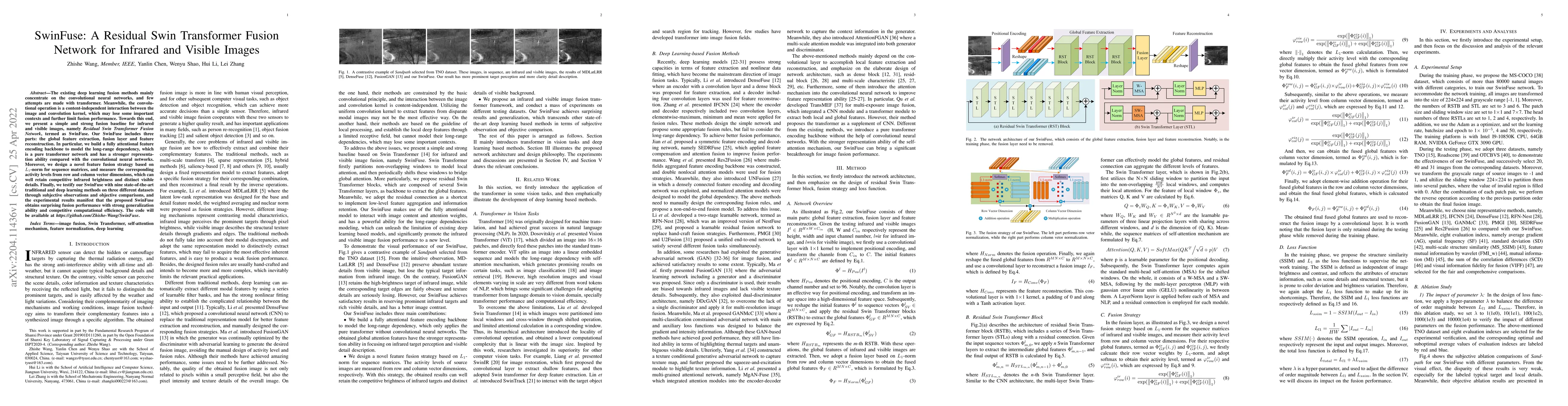 Thumbnail for SwinFuse: A Residual Swin Transformer Fusion Network for Infrared and
  Visible Images
