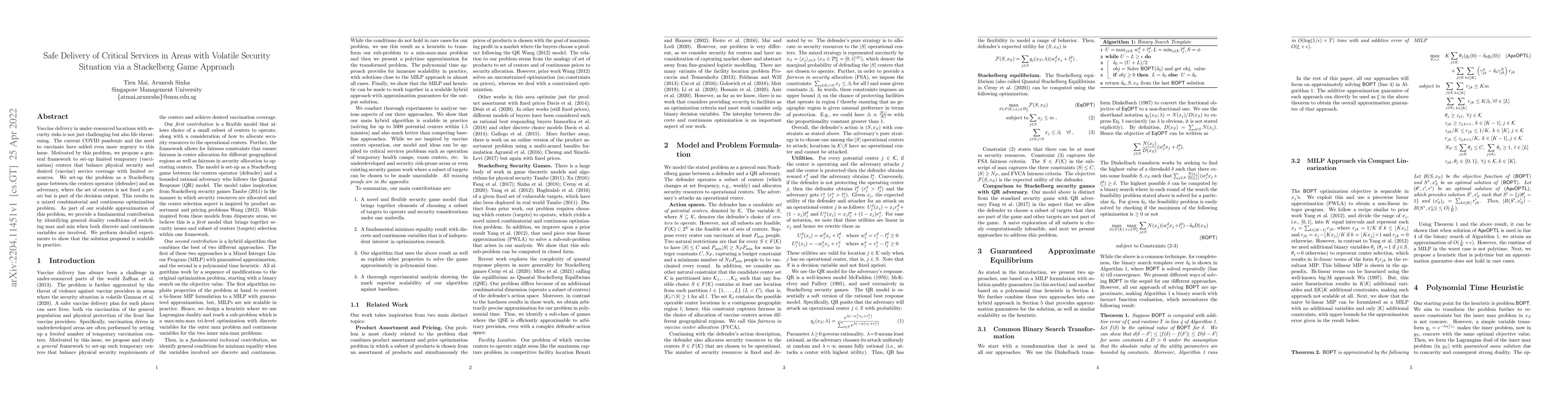 Thumbnail for Safe Delivery of Critical Services in Areas with Volatile Security
  Situation via a Stackelberg Game Approach