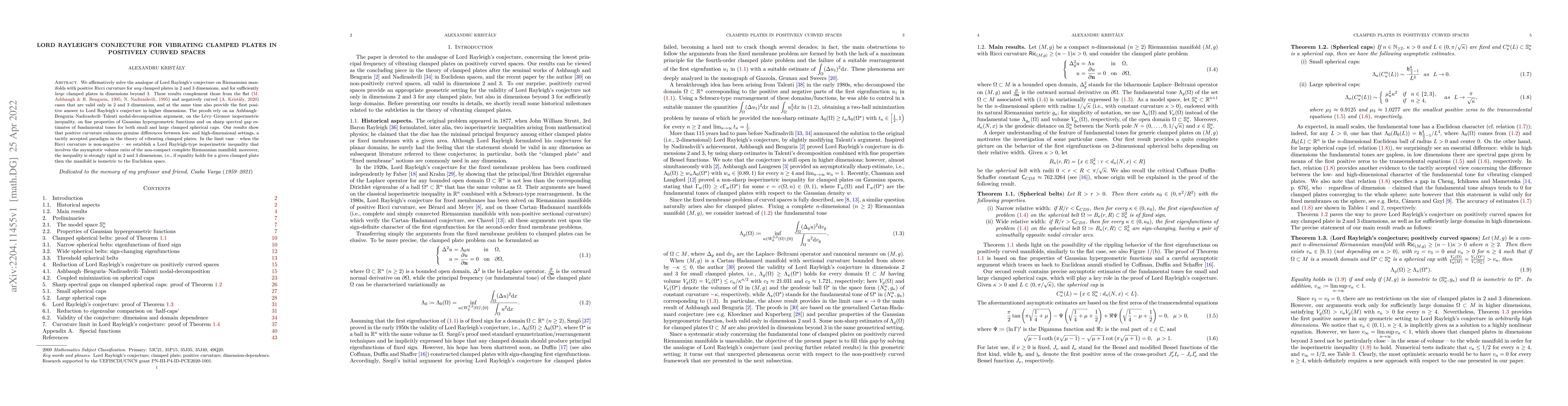 Thumbnail for Lord Rayleigh's Conjecture for Vibrating Clamped Plates in Positively
  Curved Spaces