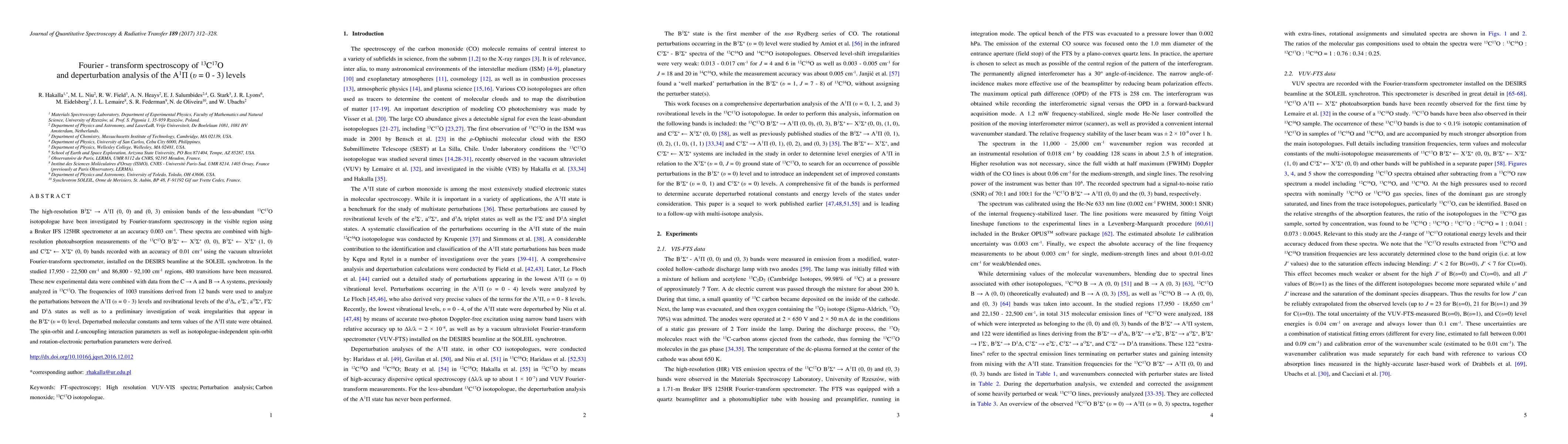 Thumbnail for Fourier-transform spectroscopy of $^{13}$C$^{17}$O and deperturbation
  analysis of the A$^1\Pi$ ($\nu$ = 0 - 3) levels