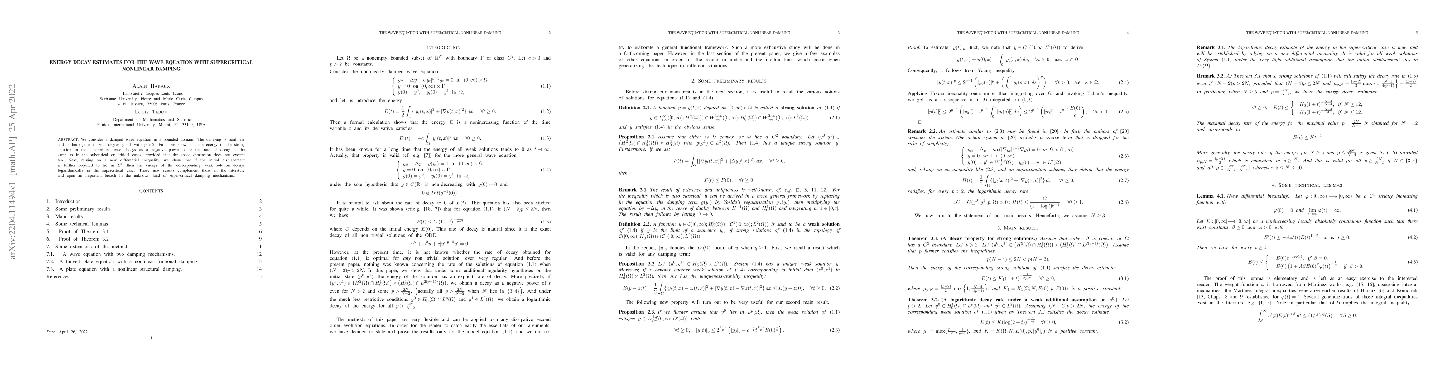 Thumbnail for Energy decay estimates for the wave equation with supercritical
  nonlinear damping