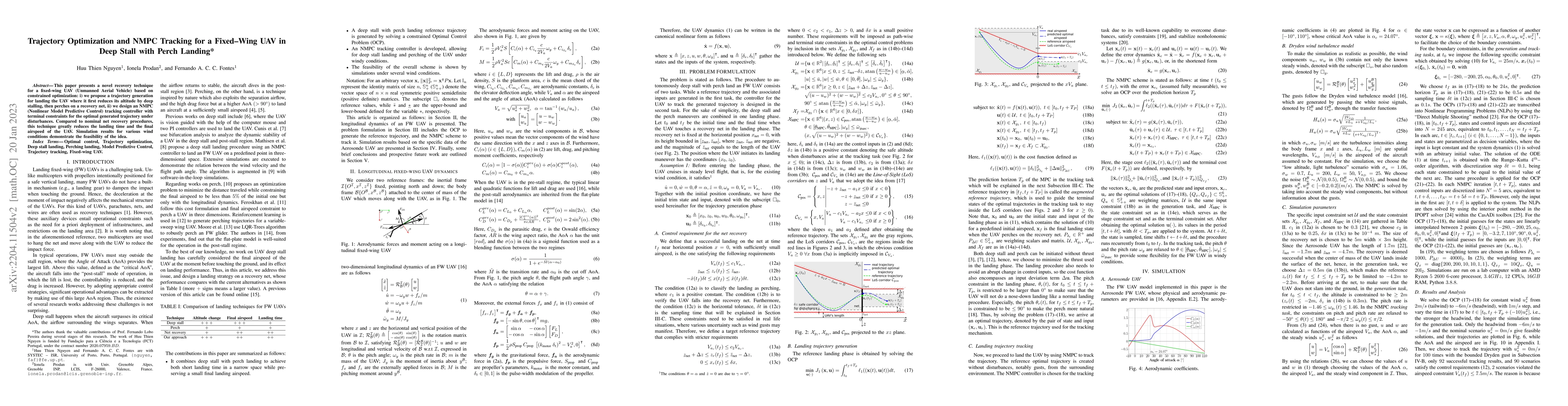 Thumbnail for Trajectory Optimization and NMPC Tracking for a Fixed Wing UAV in Deep
  Stall with Perch Landing